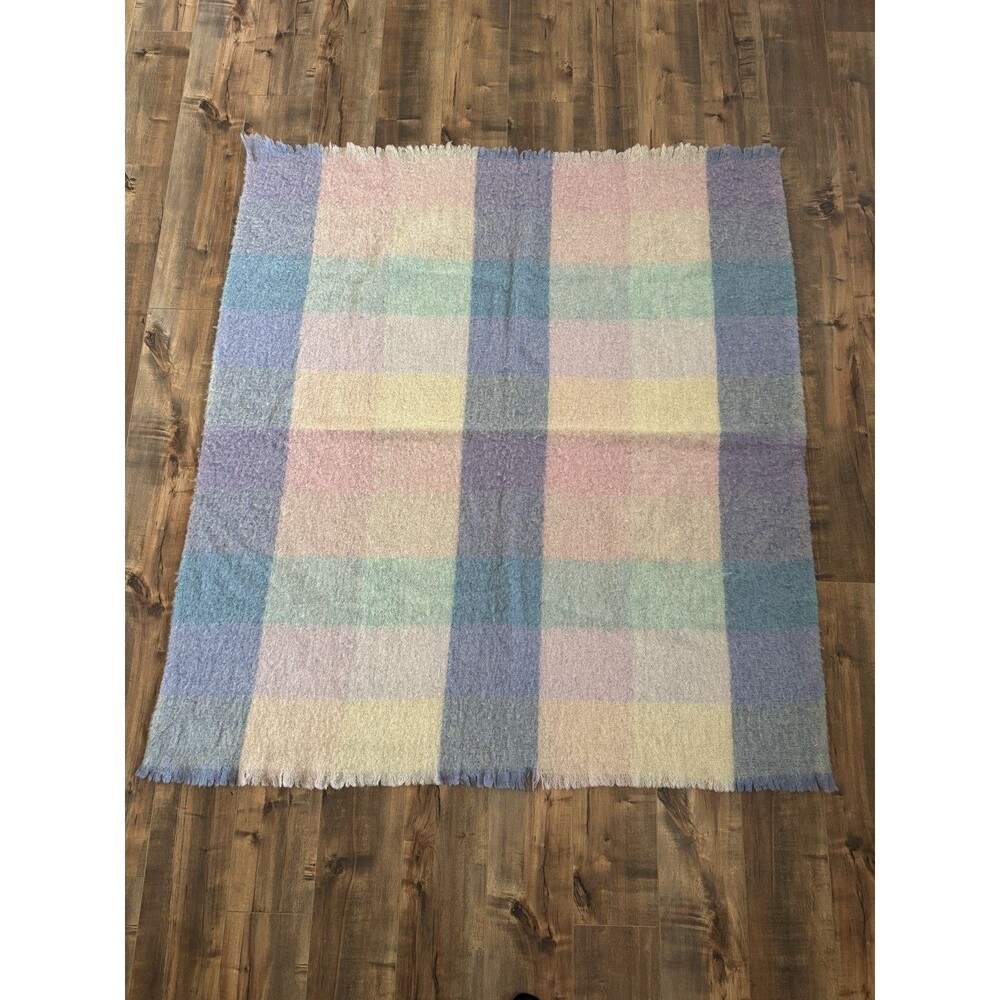 D'Medici Italy Pastel Worsted Wool Plaid Throw Blanket Fringe 50"x60" Pink Blue